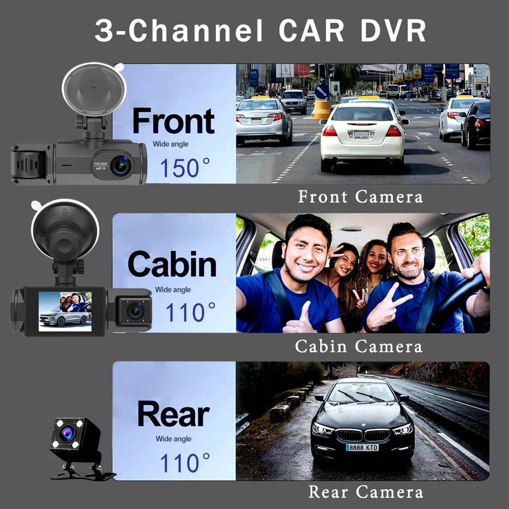 3 Channels WIFI Dash Cam for Cars, 2 Inch Car DVR with Rear View Camera ,1080P Front inside and rear camera Night Vision