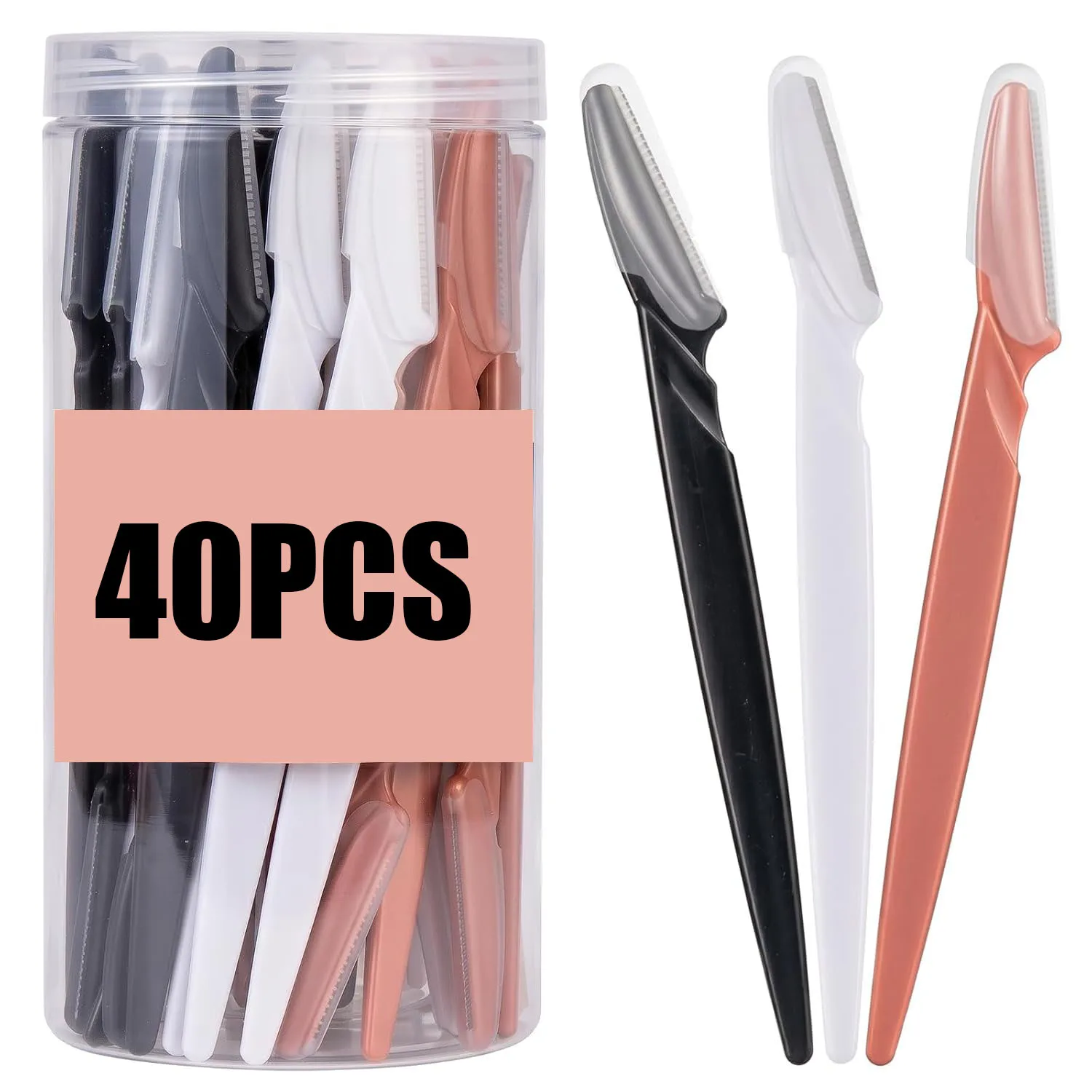 40-Piece Set of Women's Eyebrow Razors, Facial Shaving Kit, Microdermabrasion Tools for Removing Fine Hair, Stainless Steel Blades with Protective Covers |   Eyebrow Trimmer, Facial Hair Removal Tool (Black, White, Pink)