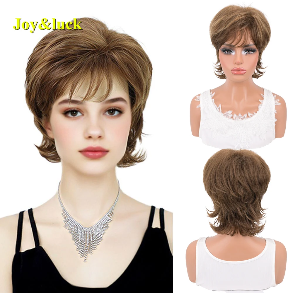 Peluca Corta con Capas y Estilo Shaggy para Mujer, Color Rubio Miel Marrón, Cabello Sintético con Puntas con Efecto Pluma, Flequillo, Resistente al Calor, para Uso Diario