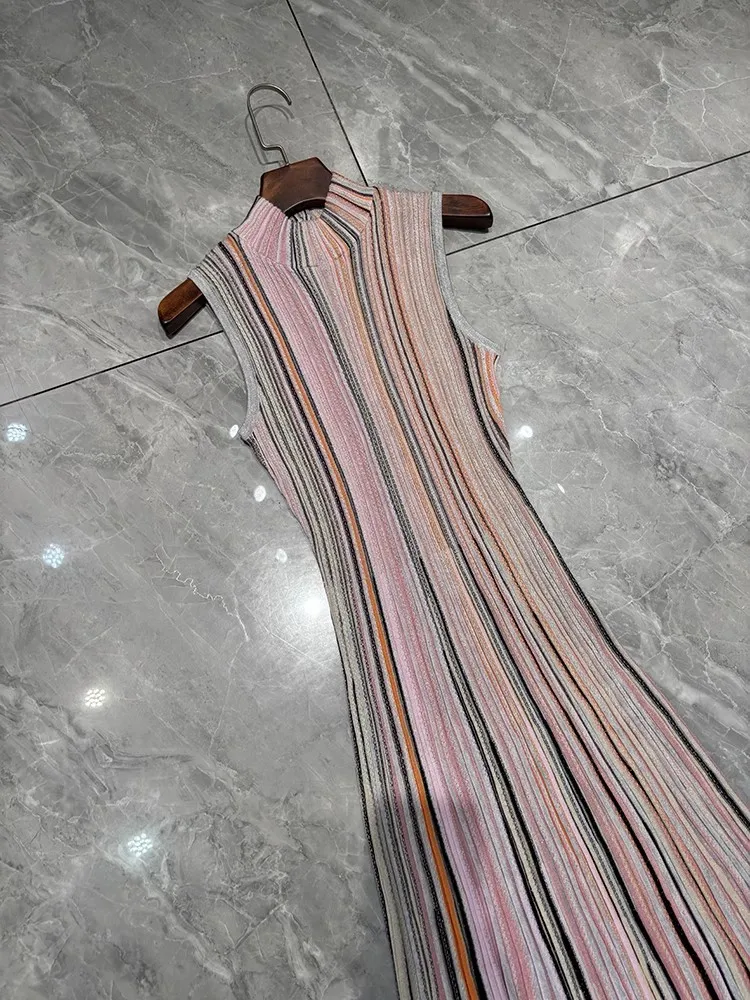 Vestido longo de malha de lã de alta qualidade, linha dourada, listras, bloco de cores, ajuste fino ao tornozelo, meia gola alta, camada de base, vestido feminino