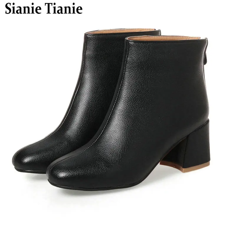 Extra Plus Size 51 52 53 54 Soft PU Leather White Black Round Toe Square Chunky Heels Ankle Chelsea Bootie Back Zipper Boots