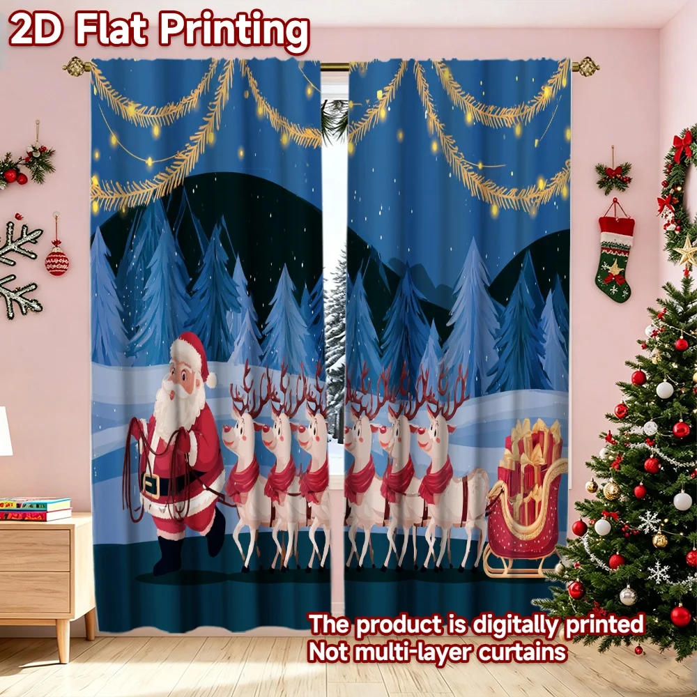 2D flat printing 2pcs Classic Christmas Curtains Christmas Santa and Reindeer Scene Beautiful and stylish, 100% polyester fiber