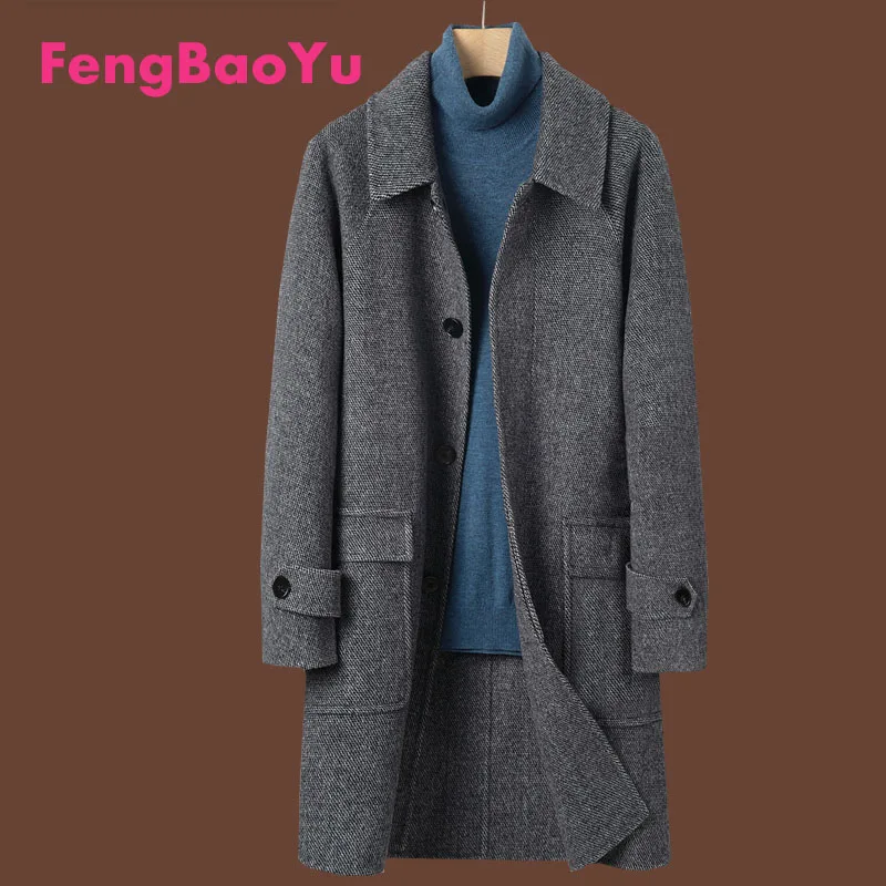 Fengbaoyu Double-sided Cashmere Autumn Winter Men's Overcoat Lapel Cloth Medium-length Australian Wool Business and Leisure Coat