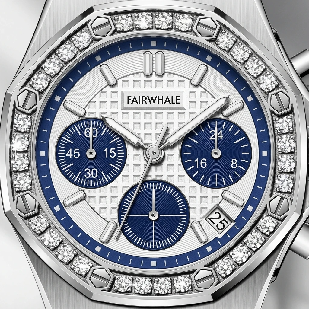 Fairwhale Men Quartz Watch Octagonal Royal Oak Style Multifunction Sub Dial Full Rhinestone Bezel Rubber Strap Male Wristwatch