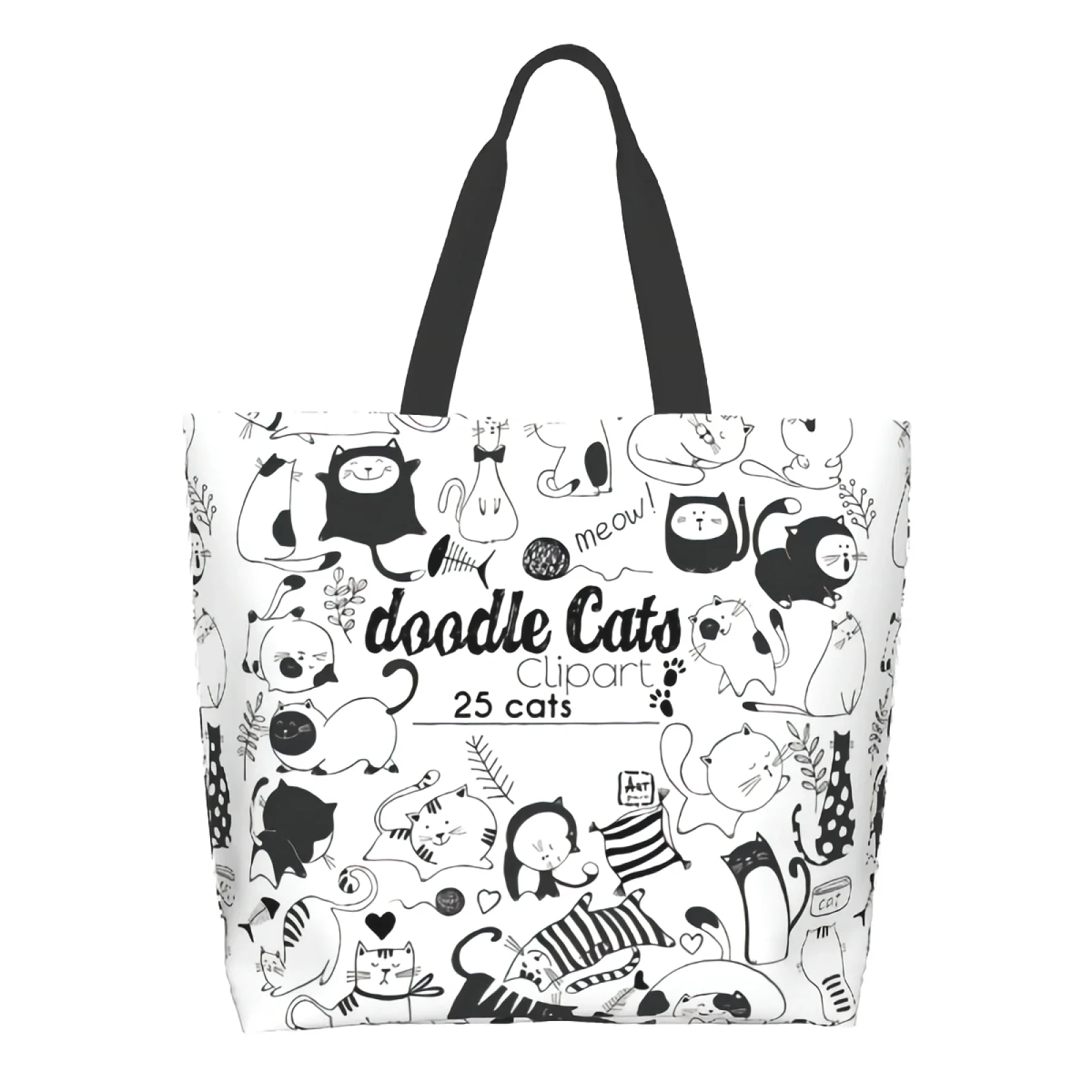 Black White 25 Cats Doodle Cartoon Kitten Pussy Clipart Meow Canvas Tote Bag for Women Weekend Kitchen Reusable Grocery Bag