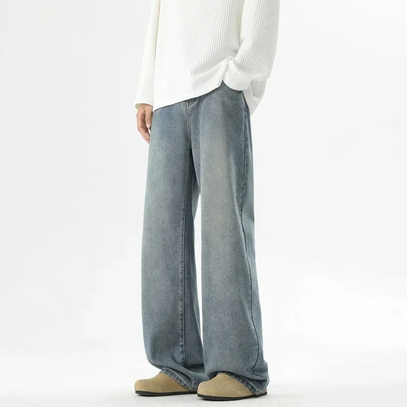 

Jeans Men Denim Wide Leg Pants Mid Waist Washed Distressed Pockets Basics Straight Trousers Vintage Denims 2025 Streetwear