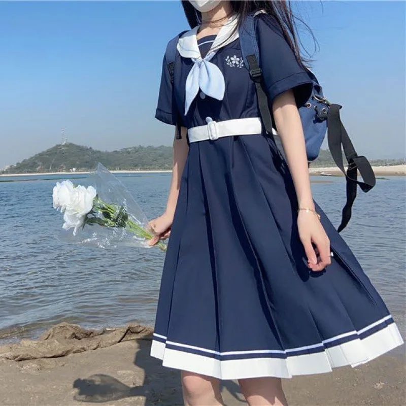 Kawaii Preppy style Long Sleeve summer Dress Women Spring Fall Japanese Sweet Cute Soft Girl Bow Navy collar Loli Dress vestidos