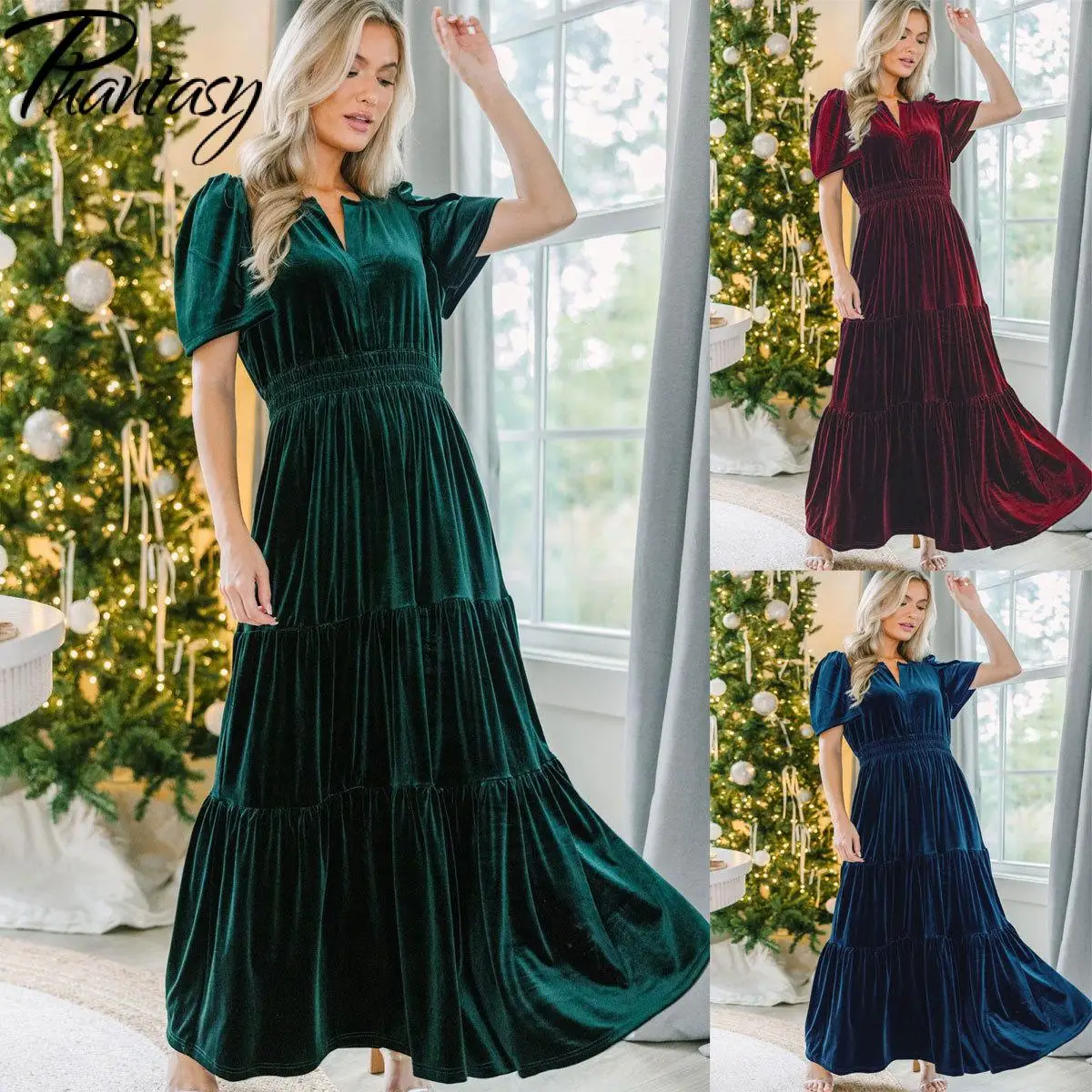 

Phantasy Vintage Long Dresses Women V Neck Velvet Dress Elegant Lady Casual Streetwear Solid Spring Summer Outfit Female Clothes