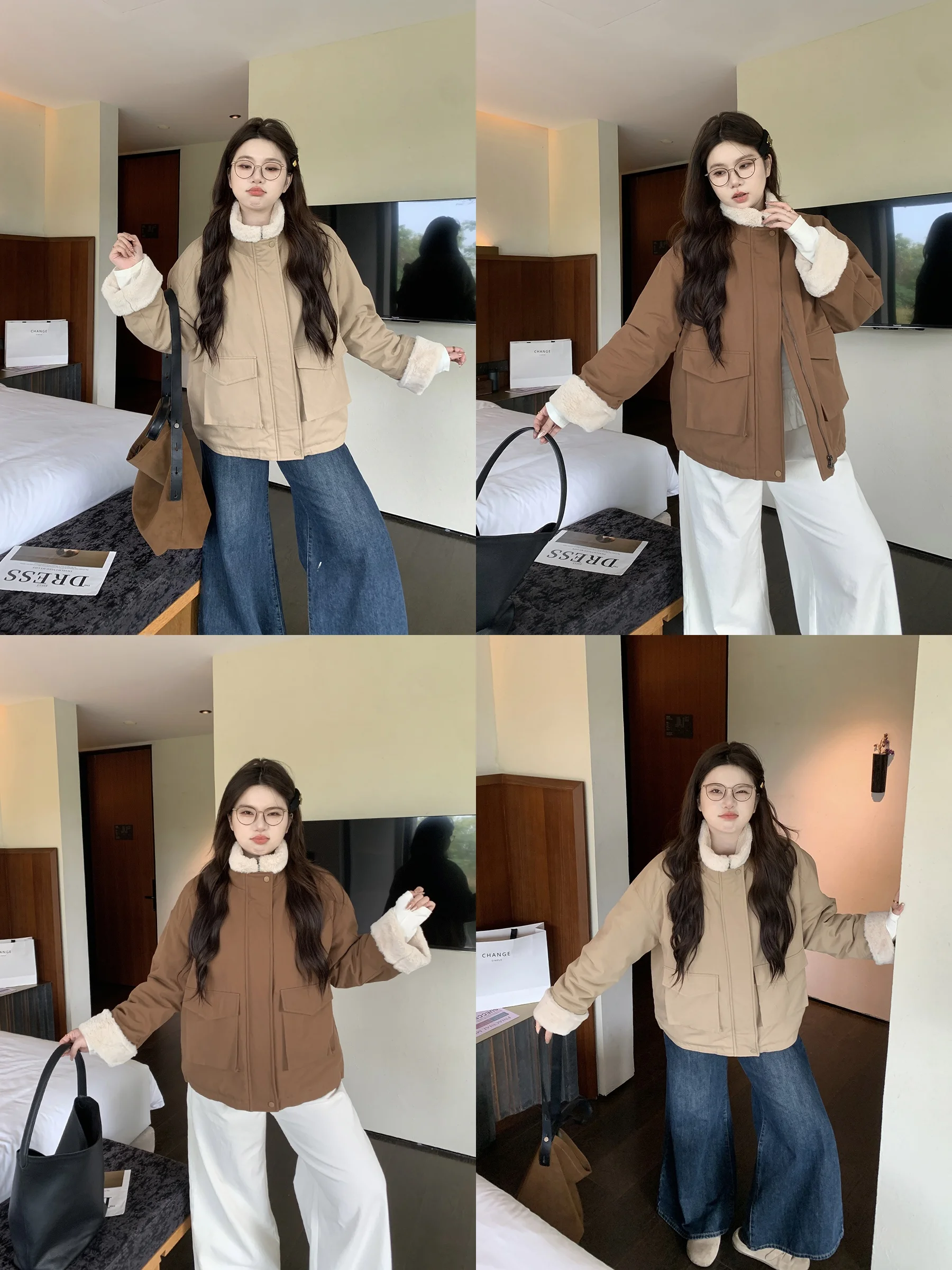 

Comfortable plus Size M5T6 Furry Loose Fit Stand Collar Cotton Jaet Retro Japanese Sle Long Sve Zipper Closure Coat