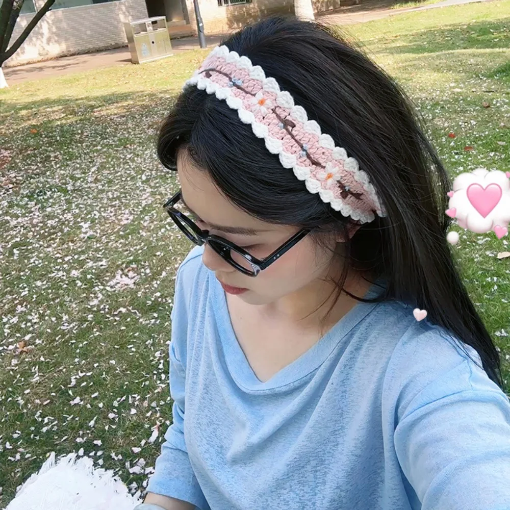 عصابة رأس مطرزة على شكل زهرة محبوكة، رباط شعر كروشيه ناعم وجميل، رباط شعر رفيع على الطراز الرعوي #2