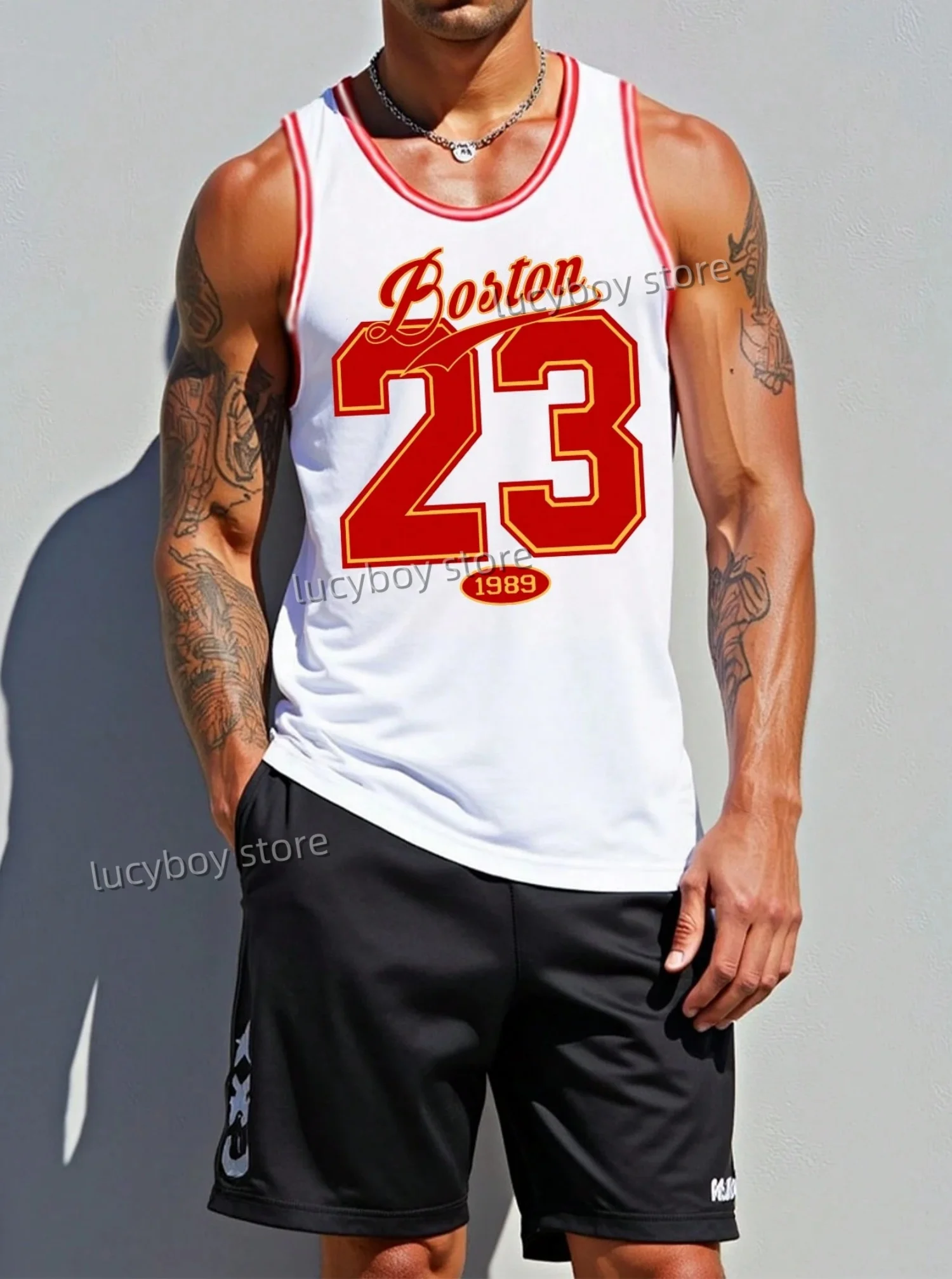Sommer-Männer-Basketball-Trikot-Weste im Boyfriend-Stil BOSTON Nr. 23 1989, bedruckt, gestreift, Rundhalsausschnitt, lässiges Tank-Top, Sport-Basketball-Weste