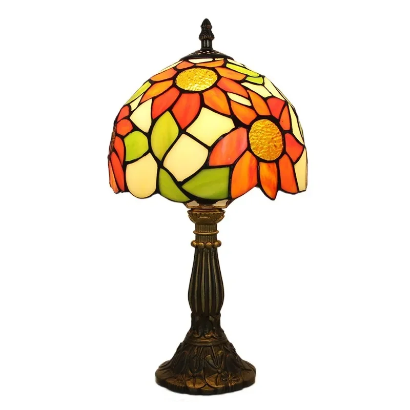 8-inch Retro Tiffany Stained Glass Sunflower Lampshade Nostalgic Table Lamp for Restaurant Bedside Use Ideal for Retro Cafe Bar