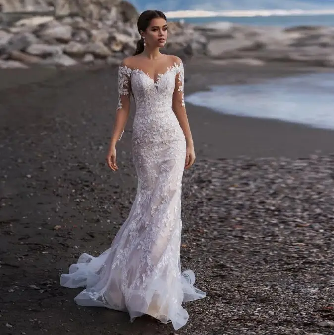 Praia mangas compridas sereia tule vestido de casamento elegante v-neck renda apliques ilusão volta com botão vestido de noiva feito sob encomenda