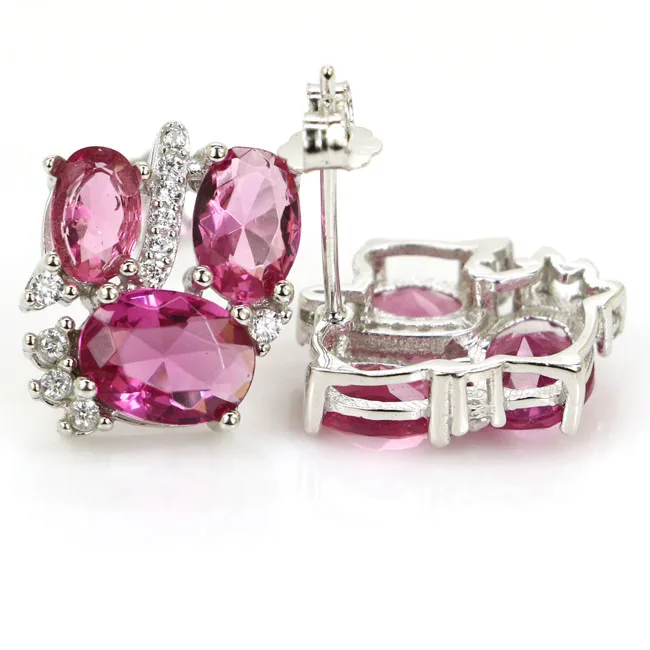 14x12mm Jazaz Lovely Cute 3.3g Blue Topaz Pink Kunzite Tourmaline CZ 925 Solid Sterling Silver Stud Earrings