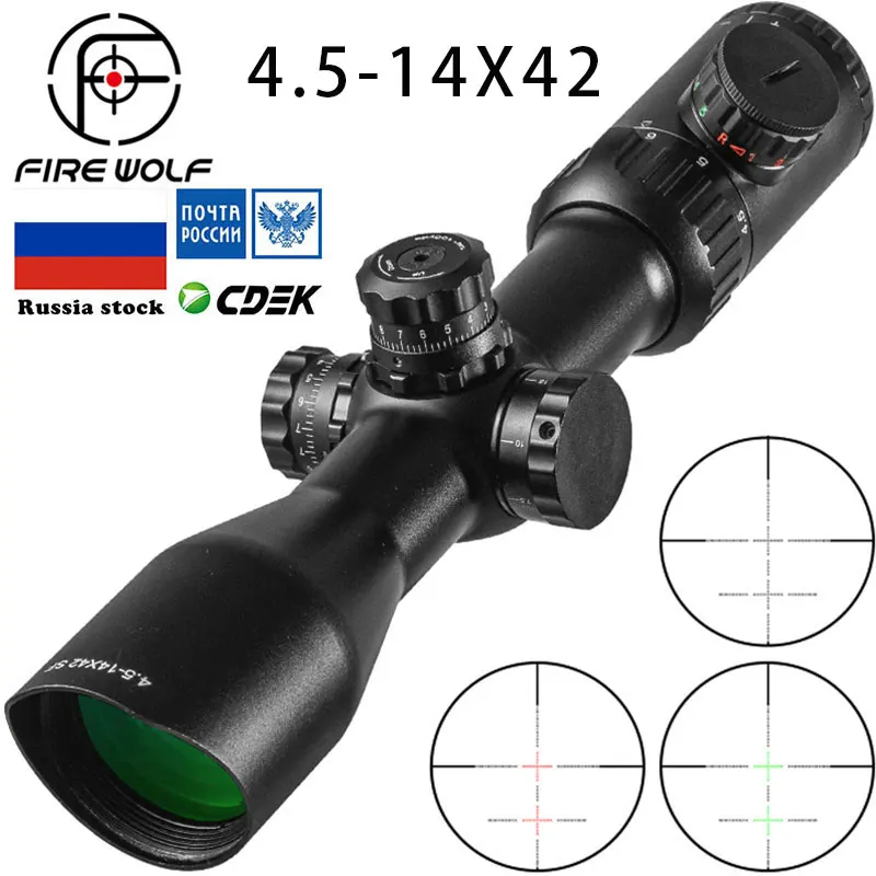 

FIRE WOLF 4.5-14X42 Hunting Riflescopes Bevel Side Double Cross Red Green Focus Tactical Optical Scope Sight Sniper