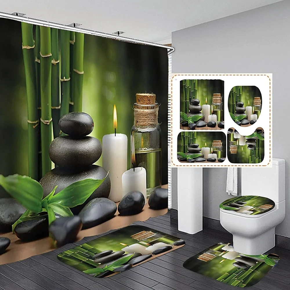 Zen Green Bamboo Buddha Shower Curtain Set Non-Slip Rug Toilet Lid Cover Bath Mat Stone Flowers Garden Scenery Bathroom Curtains