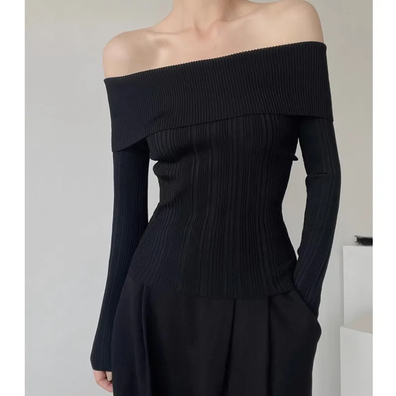 Autunno e inverno nuova spalla a maniche lunghe maglione sexy slim fit da donna elegante maglieria camicetta tinta unita