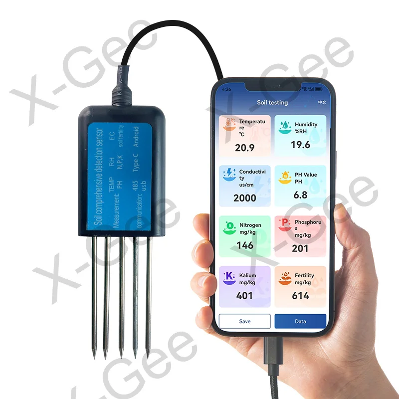 X-Gee Factory portable USB type soil 8in1 sensor with free android app cheapest soil 7in1 comprehensive sensor with type-c port