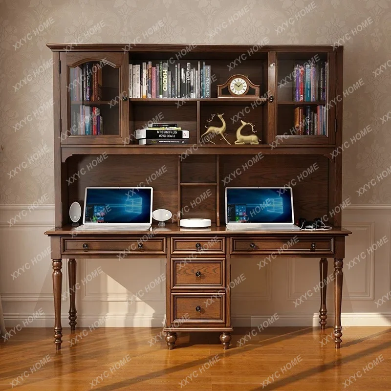 

Retro All Solid Wood Double Desk And Chair Combination Study Ash Wood Double Writing Computer Desk