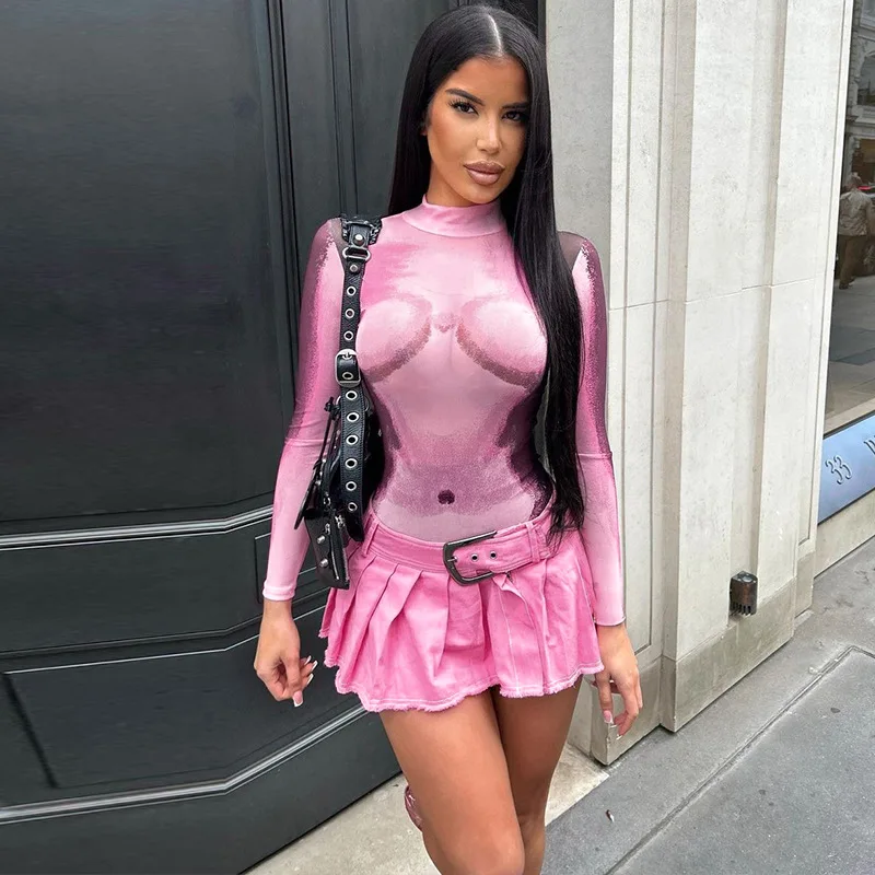 

Faionable Printed Sexy Slim Fit Long Sve Bodysuit Versatile T irt Sle Women's Streetwear Thin Polyester