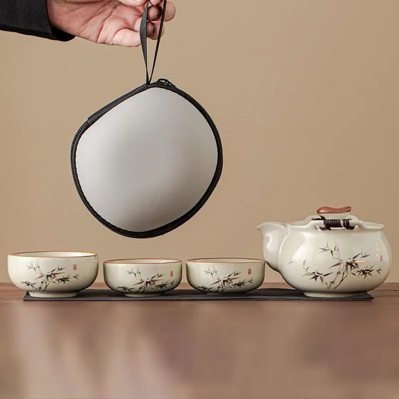 Portable Teaware Beige Ru Kiln Panda Landscape Camping Tea Set with Bag 1 Pot 3 Cups Handheld Tea Pot for Outdoor Travel Picnic