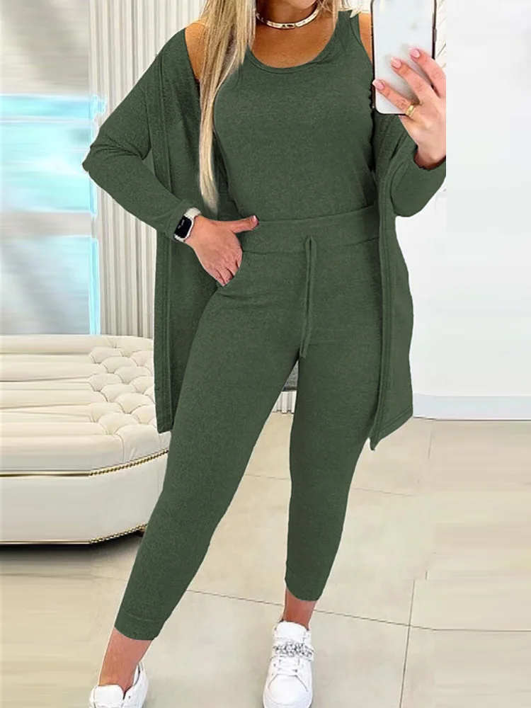 

Tank Tops And Jackets Long Pants Outfit Women Solid Pockets Pants Three Piece Set Elegant Lady Ankle-Length Pants Matching Suit