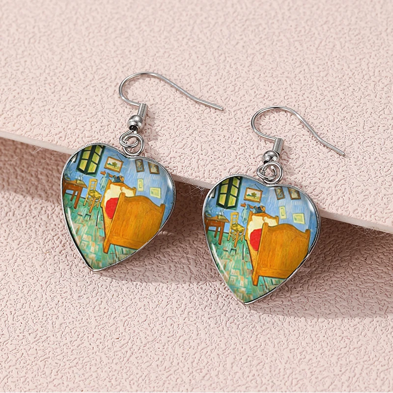 2024 New Starry Night Van Gogh Dangle Earring Heart Shaped Earrings Handmade Glass Dome Jewelry