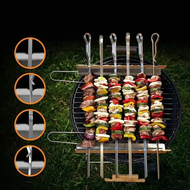 

T21C Foldable Grill Rack with 6 Stainless Steel BBQ Skewers Barbecue Rack Grill Accessories for