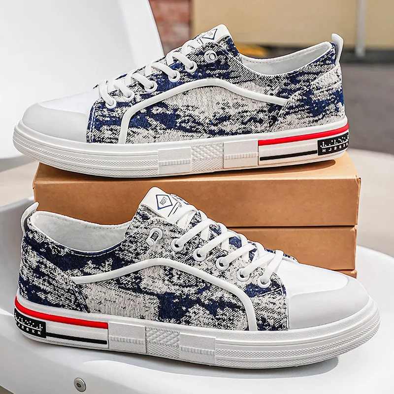 Mens Casual Canvas Shoes, Printed Low Top Lace‑up Skate Sneakers, Lightweight Breathable Wear‑Resistant Non‑Slip Daily Footwear view 6