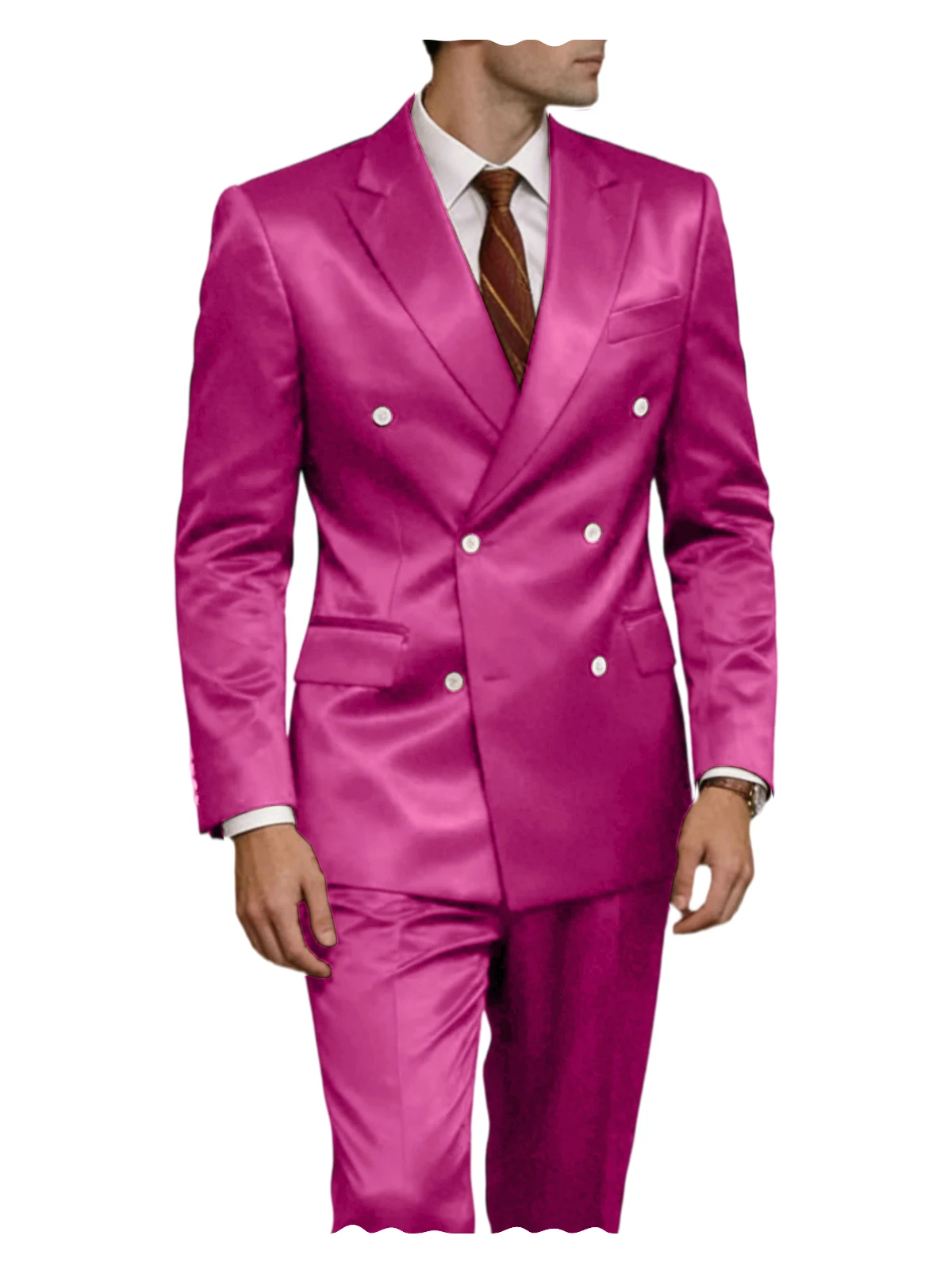 Traje de lujo para hombre de satén brillante de 2 piezas con solapa de pico, chaqueta cruzada y pantalón, elegante, ajustado, formal, para boda o fiesta