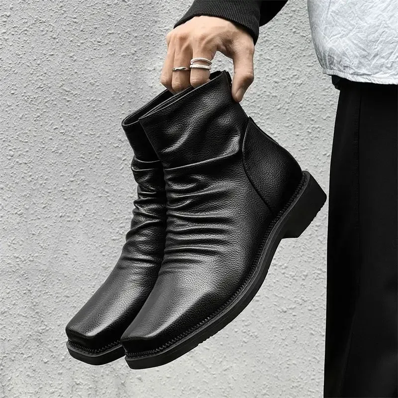 

Men Boots High Quality Genuine Leather Boots Fashion Square Toe High Top Booties Black Chelsea Boots Casual Business Dress Botas