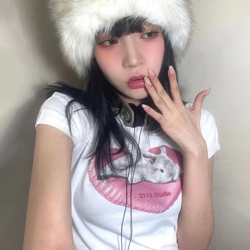 Karrram Koreaanse Fashion Rabbit Print Crop Top Kpop Kawaii Korte Mouw T-shirt Fairycore Leuke Bunny Tee Shirt Zoete Streetwear