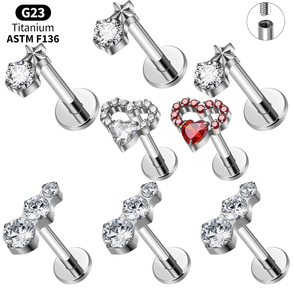 ASTM F136 Titanium Luxury Sparkly Heart Star CZ Labret Stud Internal Thread Medusa Monroe Lip Piercing Jewelry Wholesale Lot