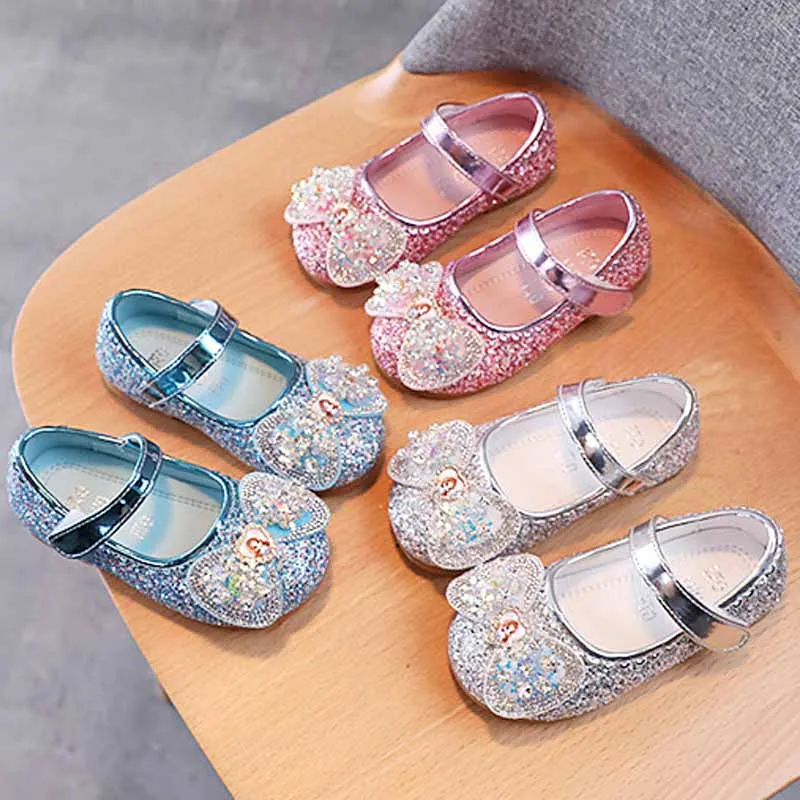 Disney Elsa Princess ShoesGirls\' Fashion Cartoon Princess Casual Shoes Girls With Sequin Leather Shoes Soft soled Baby Shoes