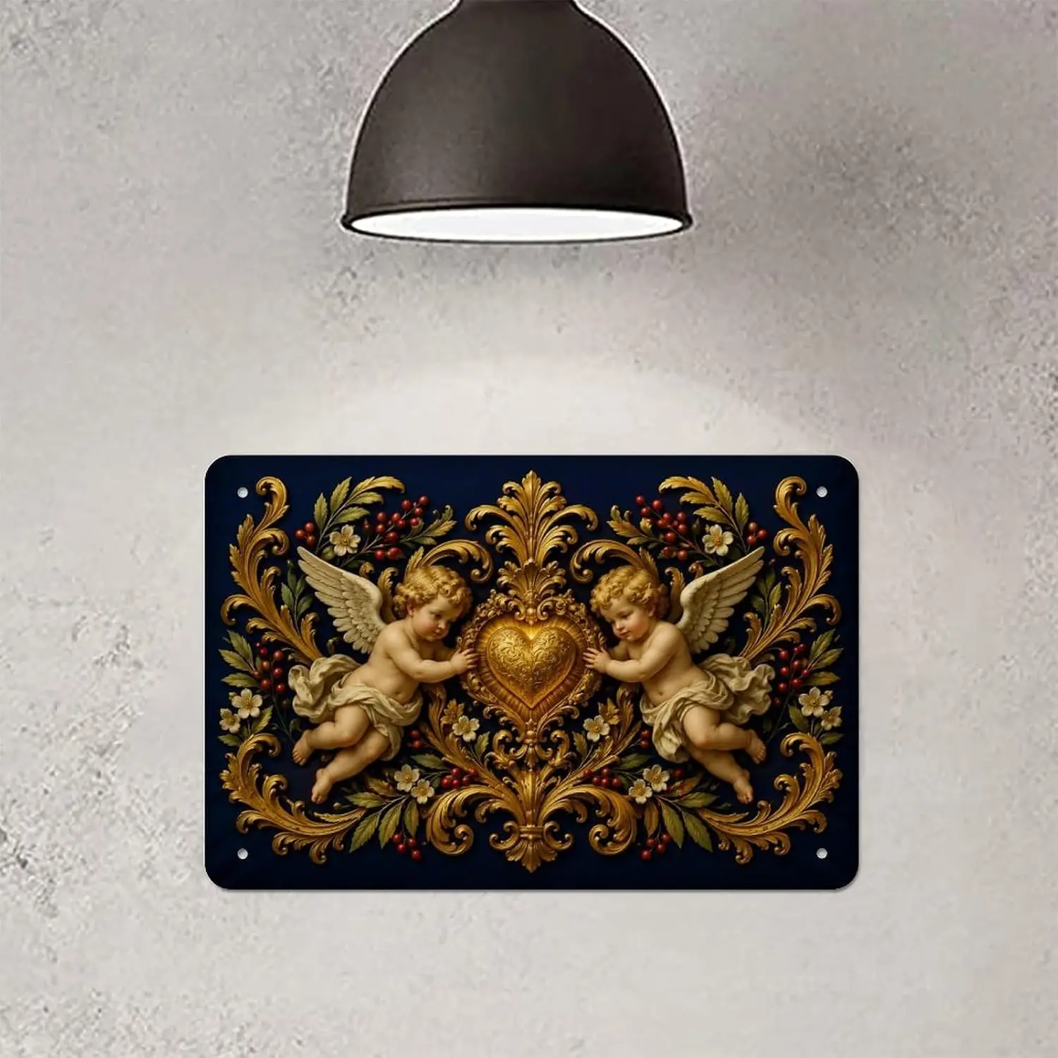 Metal Tin Sign  , Vintage Wall Decor with Pre Drilled Holes | Golden Cherub Heart Ornament  in, for home, bar, cafe, garage deco