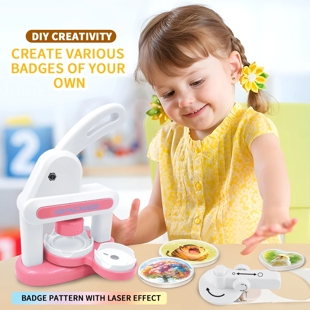 

Kids DIY Badge Maker Machine Kit with Laser Effect, 3 Shapes Pin Button Press Kit, Educational Creative Craft Toy, Make Custom P
