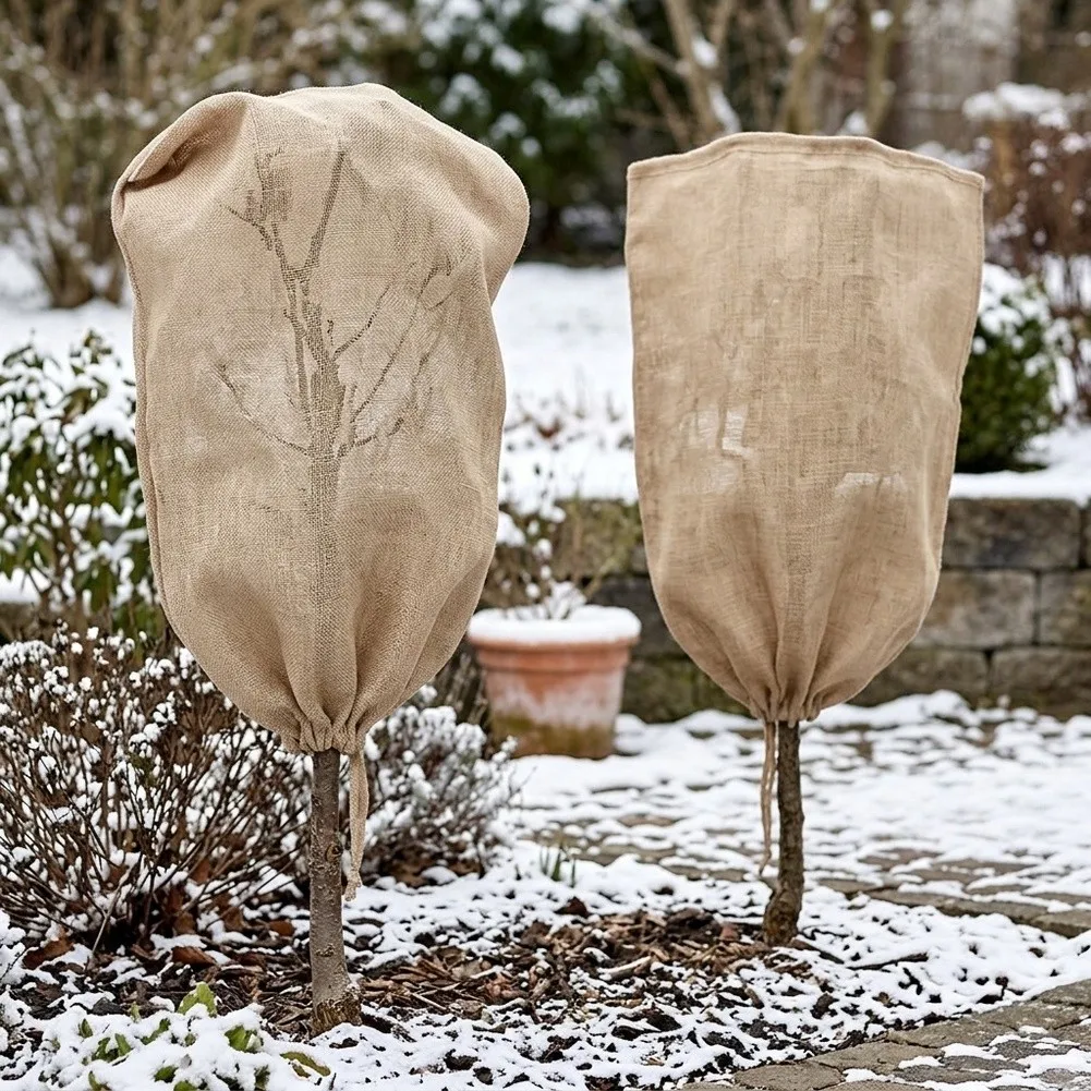 Winter Plant Frost Covers Reusable Burlap Fabric Breathable Design for Airflow and for protection Drawstring Closure Multiple