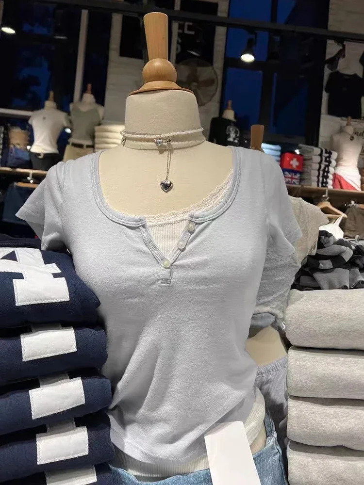 

Solid Slim Three Buttons Crop Top Women Summer Crew Neck Cotton Simple Short Sleeve Tee Shirts Sweet Preppy Style Basic T-shirts