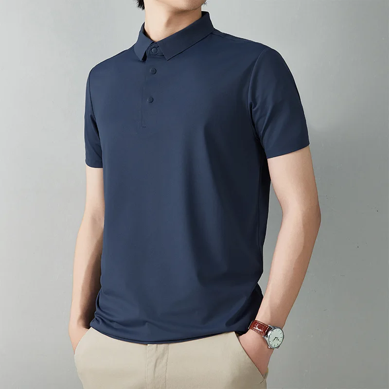 Summer Ice Silk Seamless Lapel Polo Shirt Men's Solid Casual Breathable Top