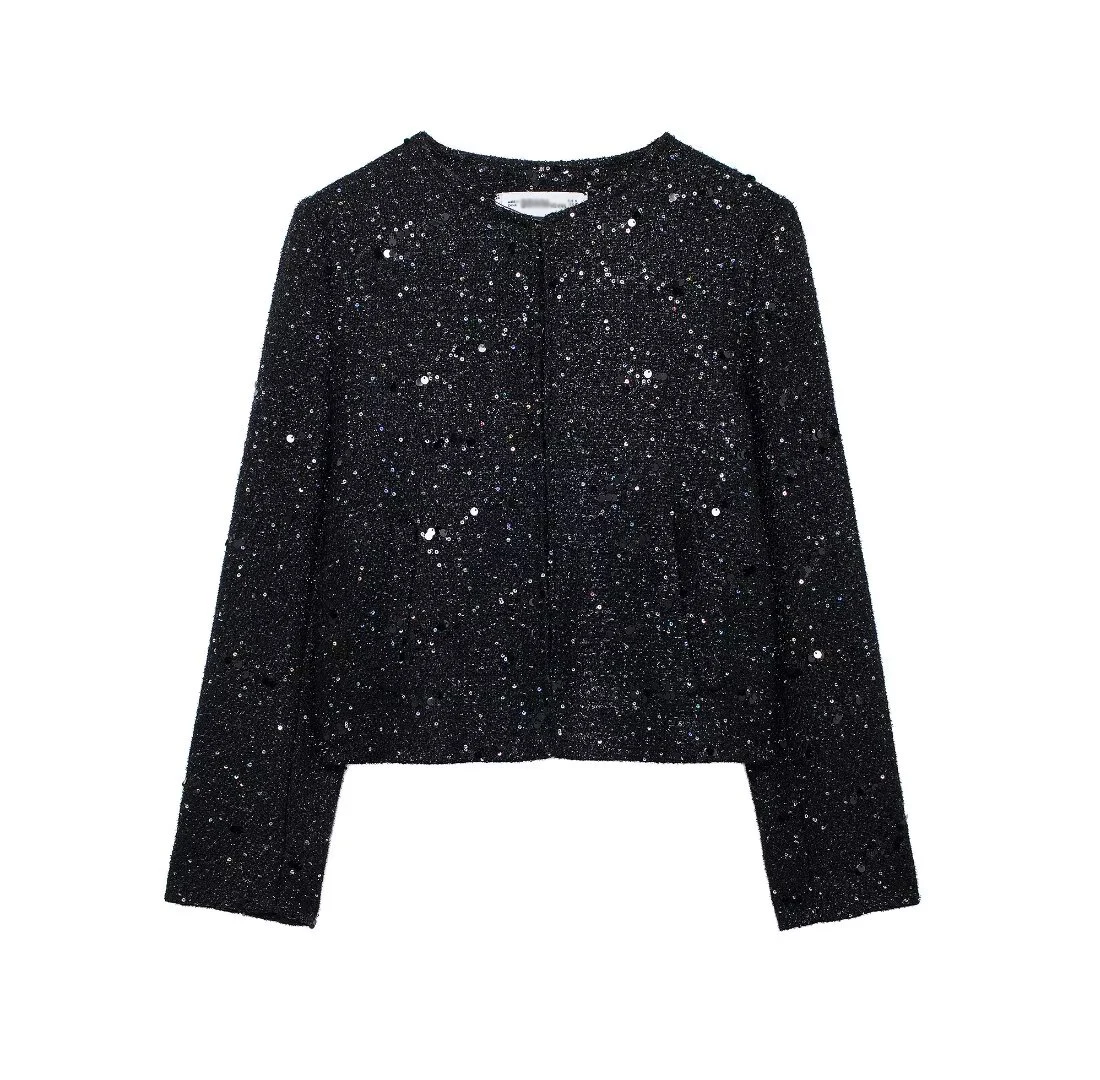 Tangada Women 2024 Fashion Black Beading Blazer Coat Vintage Long Sleeve Female Crop Suit BE0387