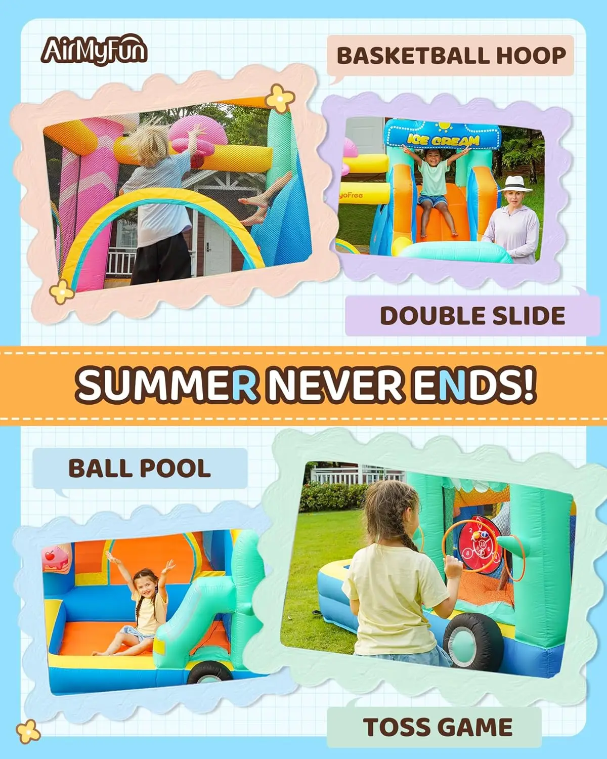 Casa inflable de rebote para niños grandes de 8 a 12 años, castillo hinchable para niños de 3 a 6 años, casa hinchable con tema de helado de doble diapositiva