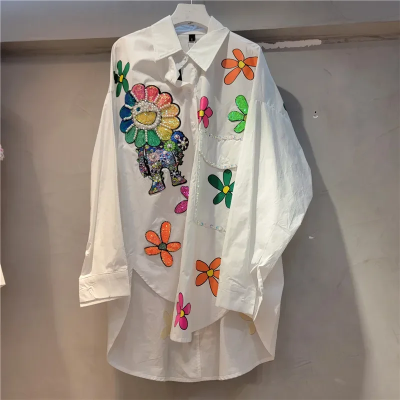 SALIENCY Spring Summe Heavy Industry 3D Flower Blouse Women  Mid Length Diamond Print Candy Color Shirt Spring Loose Top