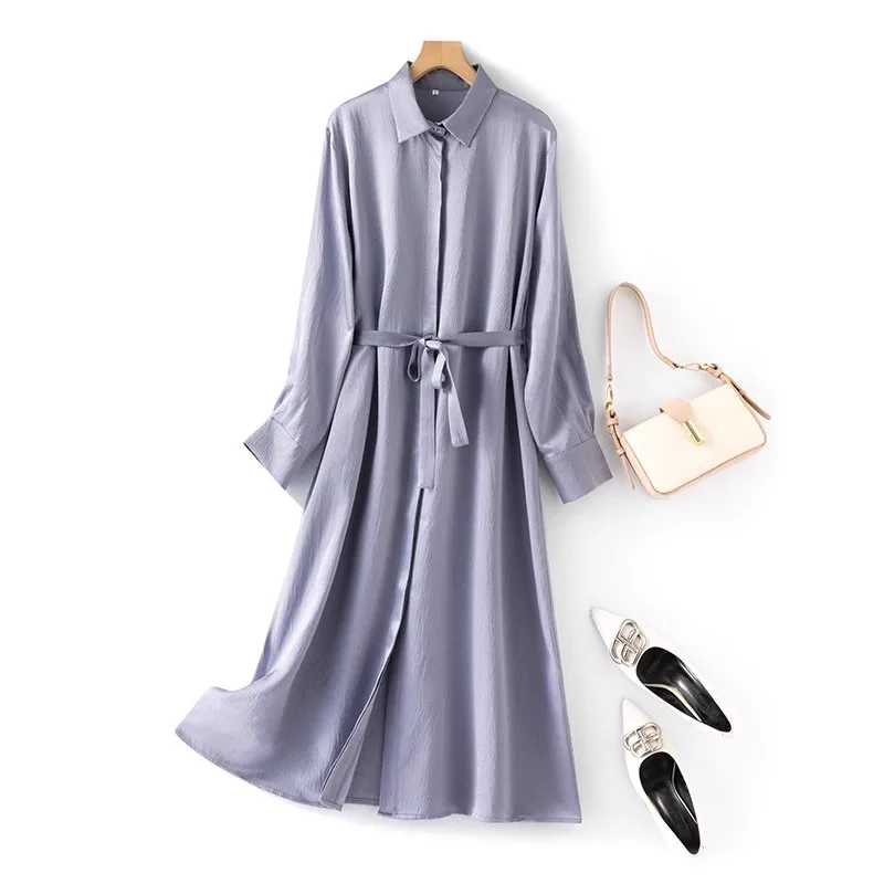 High Grade Misty Blue 100% Natural Mulberry Silk Pearl Satin Shirt Style Lapel Long Sleeved Women\'s Fashionable Dress