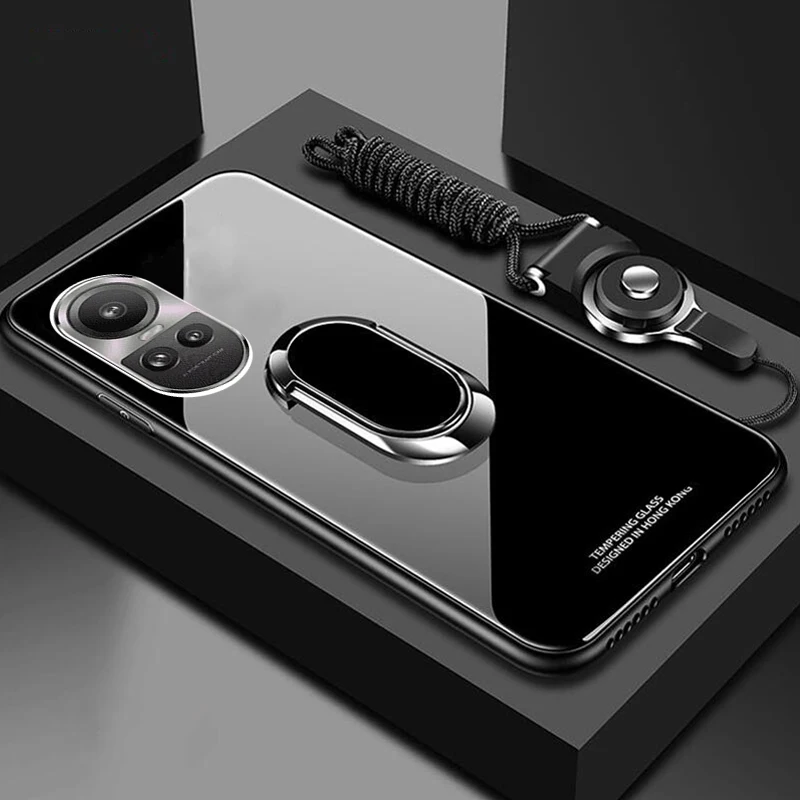 Tempered Glass Magnetic Ring Stand Holder Phone Case For OPPO Reno 10 Pro Plus Shockproof Lanyard Back Cover FOR Reno 9 Pro 8T 7