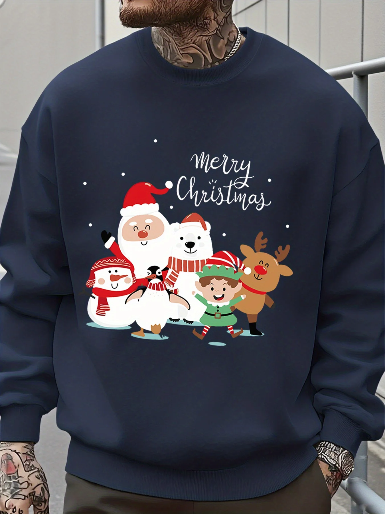 

Men's Christmas Crewneck Sweatshirt with Santa & Reindeer Print - Olive Green Holiday Sweater, Snowman & Merry Christmas