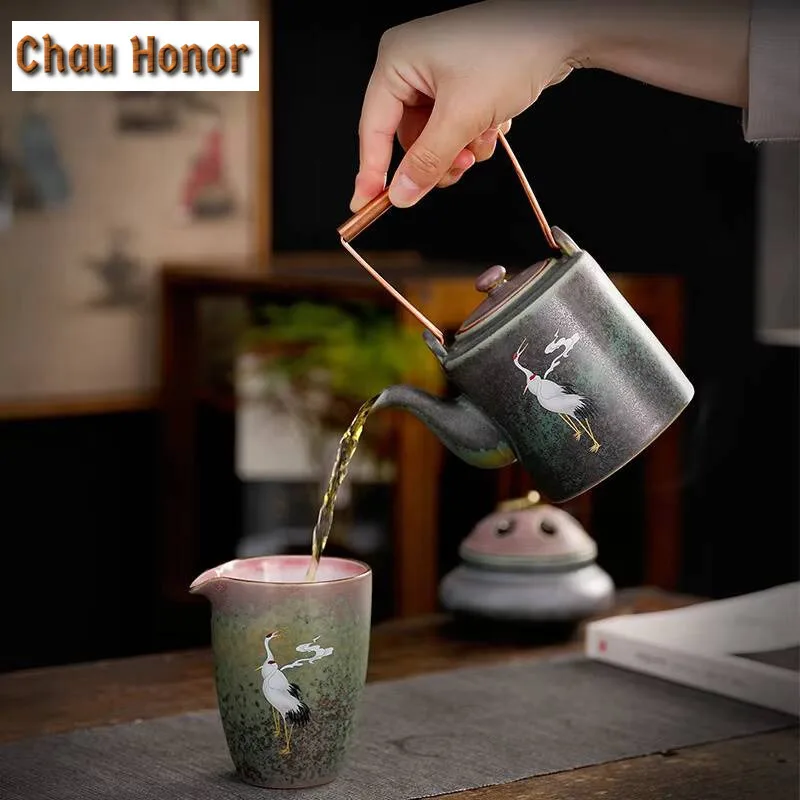 310ml Chinese Style Handle Pot Ceramic Retro Tea Set Single Pot Simple Teapot Stoneware Copper Handle Soaking Teapot Teaware