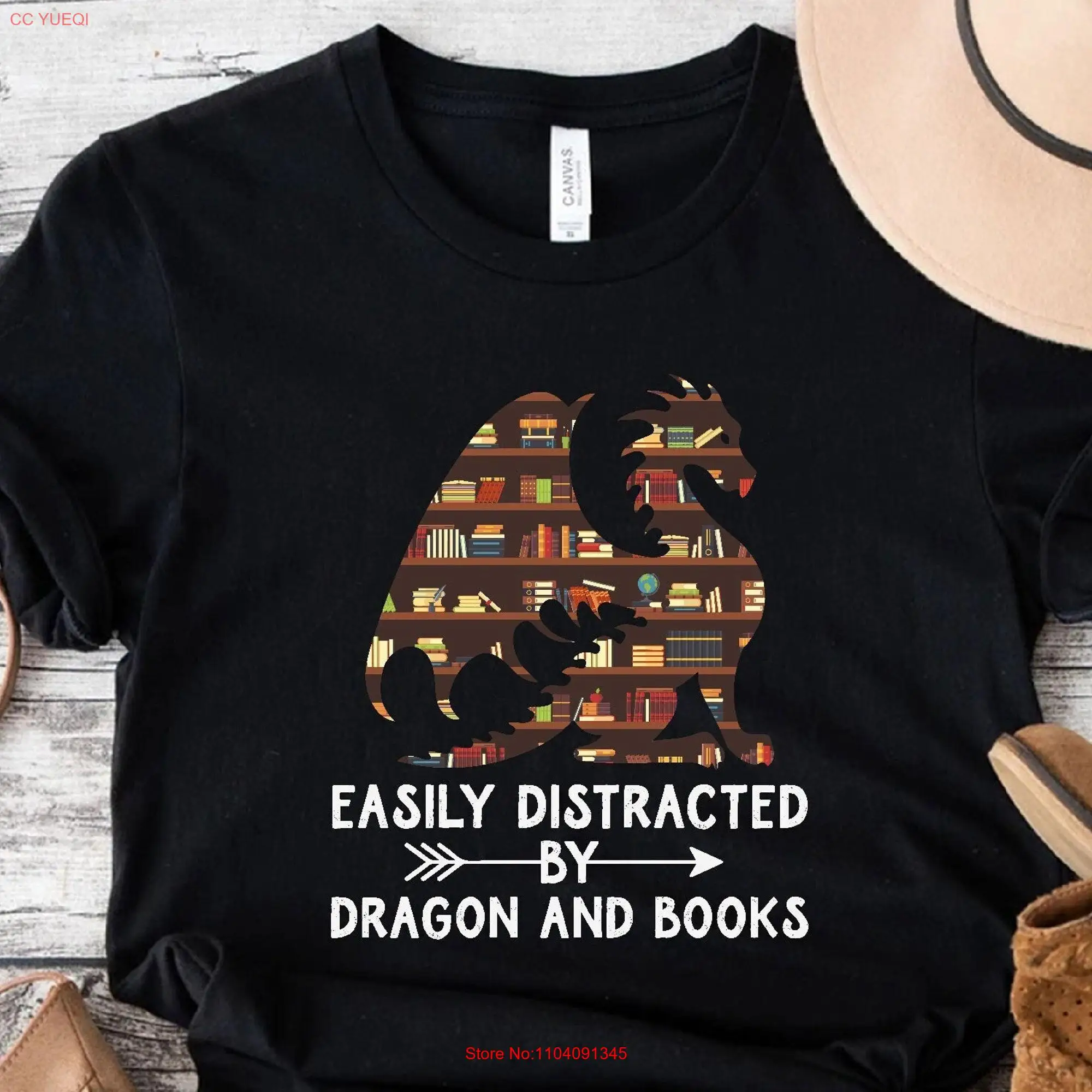 Easily Distracted By Dragon And Books T Shirt Book Reading Lover Bookworm Nerd Librarian long or short sleeves