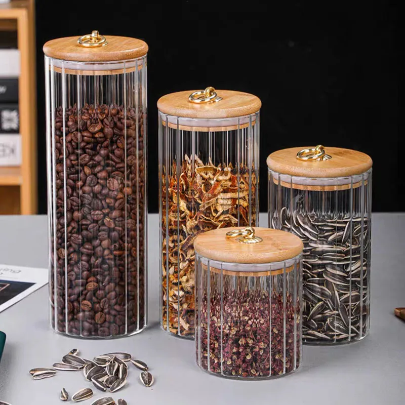 Clear Glass Food Storage Jars With Bamboo Lid Transparent Kitchen Storage Containers 550/850/1150ml For Coffee Spice Sugar