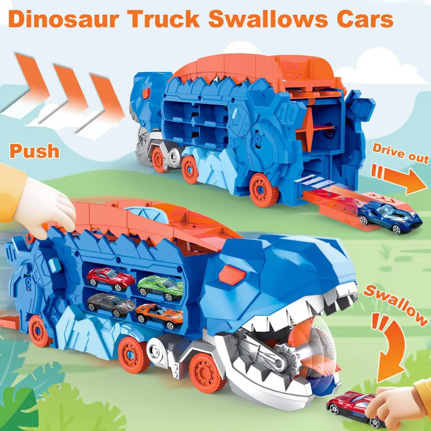 Dinosaur Toys for Kids T-Rex Dinosaur Transport Car Carrier Truck with Foldable Sliding,City Dinosaur Hauler Track Toys Gifts