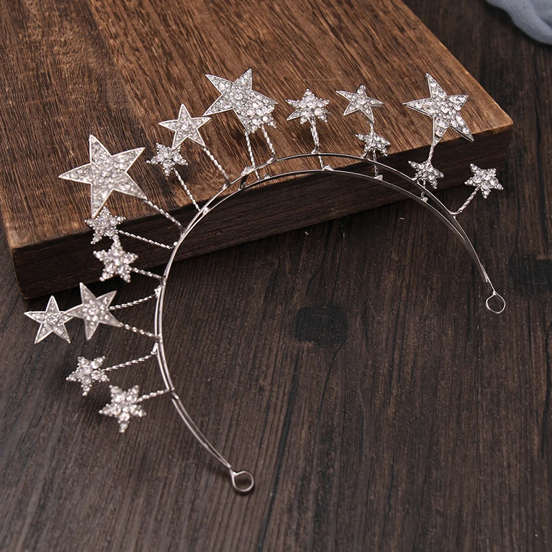 Trendy Silver Color Tiaras And Crowns Stars Princess Queen Diadems Bride Wedding Hair Accessories Rhinestone Hairbands Jewelry